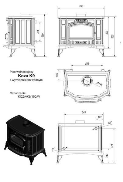 Печь-камин Kratki Koza/K9/W c вод.контуром