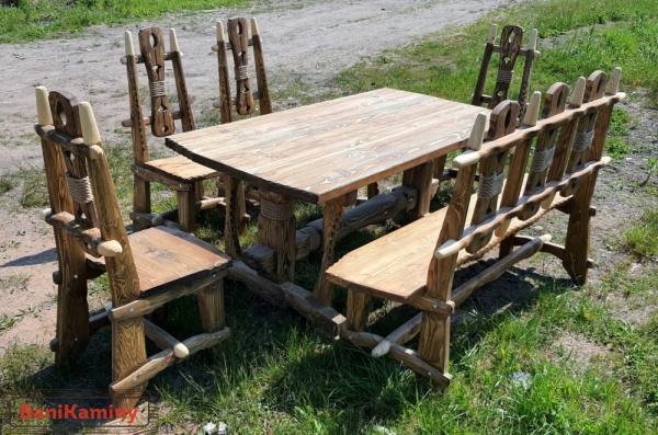 Комплект деревянной мебели «Викинг» большой - стол 1,7х0,85 м, скамья, 4 стула (без браширования)