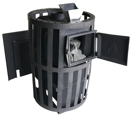 Печь-камин для бани Воевода 15 сетчатый кожух, закрытая каменка, чугунная (снято)